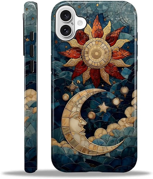 Case for iPhone 16 Case,Sun Moon Stars Faux Stained Glass Design - Hybrid Dual Protection Silicone + Hard PC Shockproof Full Body Cover Slim Anti-Scratch Protective Case for Men Women