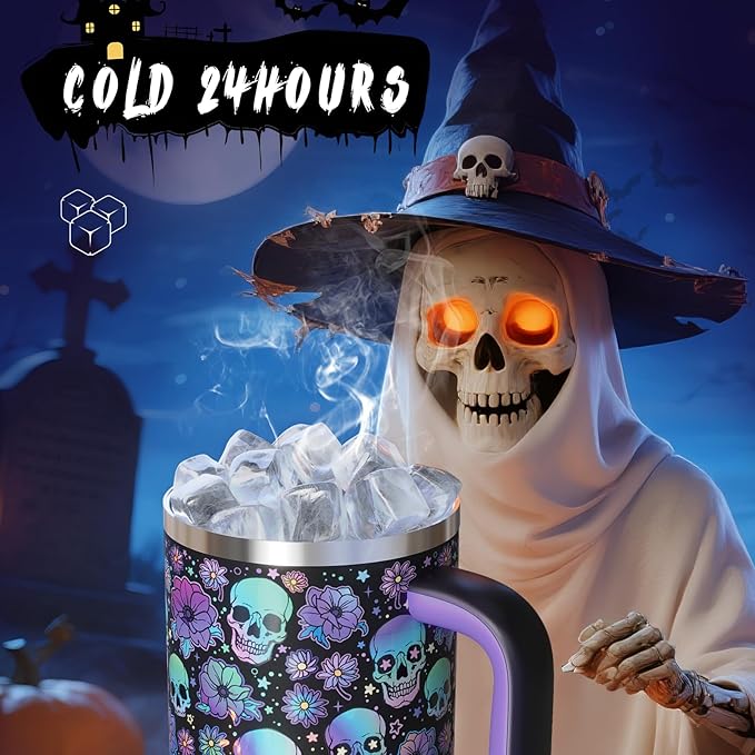 40oz Halloween Tumbler with Handle and Straw, Stainless Steel Insulated Water Bottle with Straw, Leak-Proof, Cup Holder Friendly, Keeps Cold 24 H, Gifts for Women Men, Floral Afterlife