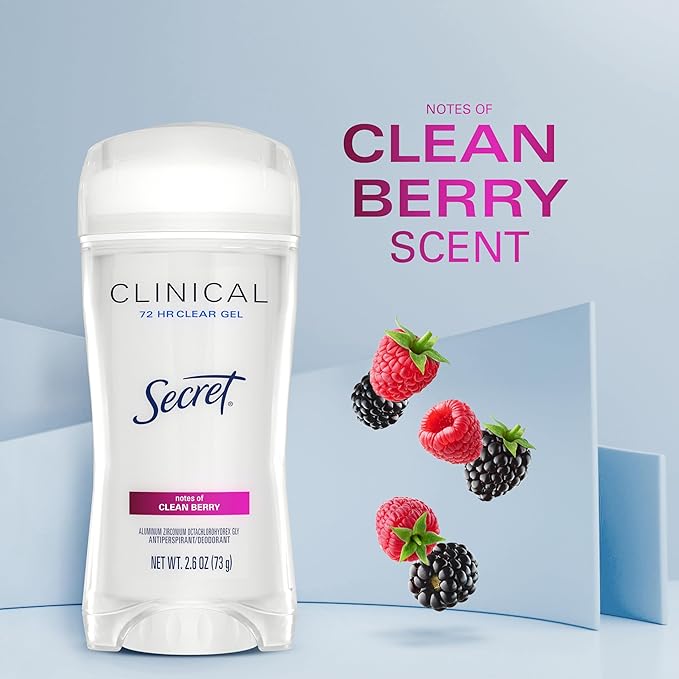 Secret Clinical Strength Antiperspirant Deodorant for Women, 3X Stress Protection, 72hr Sweat & Odor Protection, PH Balancing Minerals, Clear Gel, Clean Berry Scent, 2.6 oz