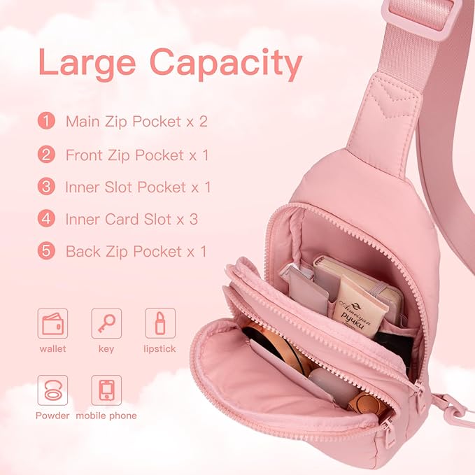 Quilted Puffer Crossbody Bags for Women Small Puffy Sling Bag Lightweight Cross Body Bubble Purse Shoulder Bag for Travel (Light Pink)