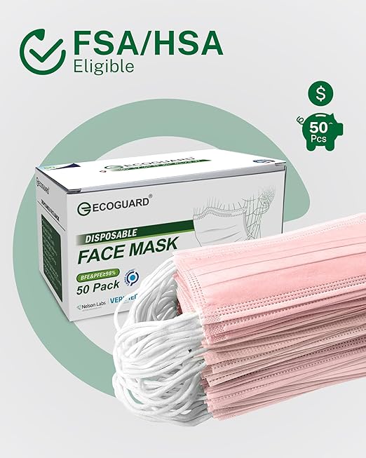 Disposable Face Masks Made in USA, 4 Ply for Families, Students, Breathable All-Day Wear & Safety, FSA HSA Eligible, ASTM Level 3 Medical Grade, 50 Pack, Pink