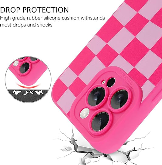 ZIYE for iPhone 16 Pro Max Case Hot Pink Grids Plaid Checkerboard Pattern Phone Case with Camera Protection,Soft TPU Silicone Rubber Protective Cover Grid Checkered Chess Design Cases