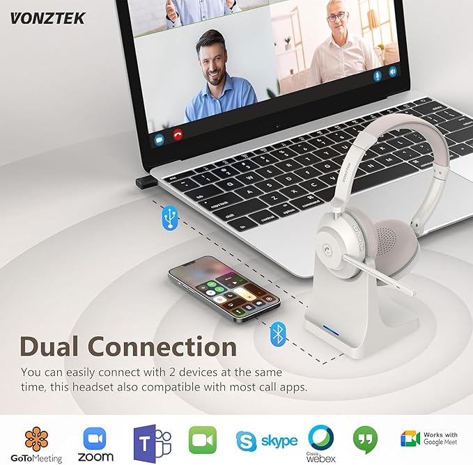 Bluetooth Headset, Wireless Headset with Dual Noise Canceling Microphone for Work &USB Dongle, QCC 5.2 Bluetooth Headphones with Mic Mute/Charge Dock for Computer Cell Phone Office Call Meetings Teams
