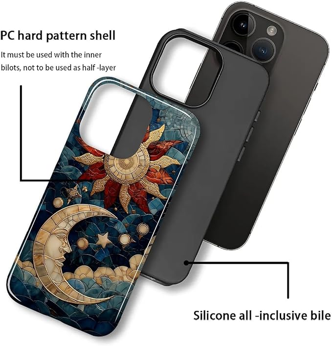 Case for iPhone 15 Pro Max Case,Sun Moon Stars Faux Stained Glass Design Hybrid Dual Protection Silicone + Hard PC Shockproof Full Body Cover,Slim Anti-Scratch Protective for Men Women