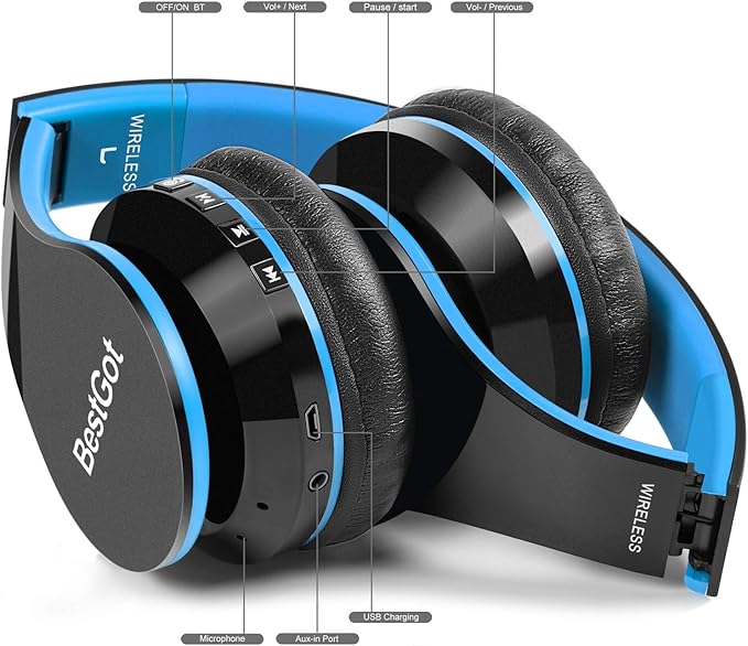 Kids Headphones Bluetooth, BT6002 Wireless Headphones for Kids Child Volume Limited 85/110dB for School Foldable Headset for 60 Hours PC/Phone/Tablets/TV (Black/Blue)
