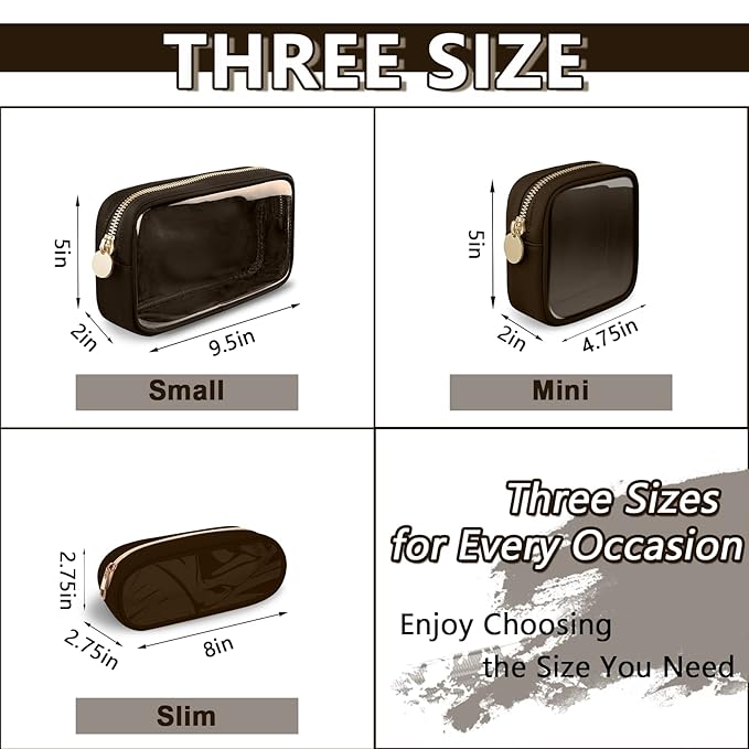 Clear Small Pencil Pouch Makeup Bag for Purse,Nylon&PVC Pencil Case Waterproof Makeup Brush Holder with Zipper,Preppy Transparent Pen Bag Travel Cosmetic Bag for Women Office(Slim-Chocolate)