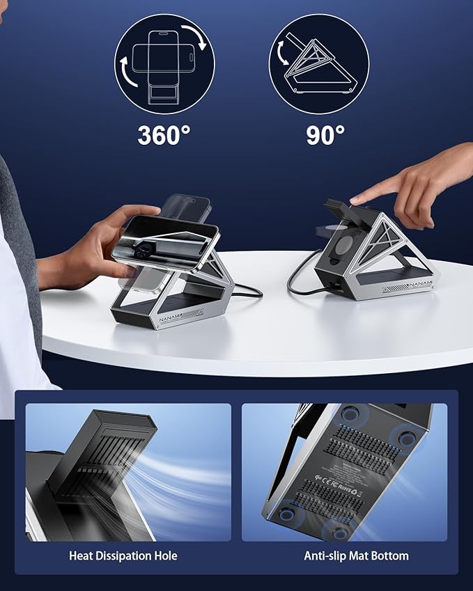 NANAMI Wireless Charging Station for Apple Watch, Qi2 Certified 3 in 1 15W Magnetic Wireless Charger Stand for iPhone 16/15/14/13/12 Series, AirPods 4/3/Pro/Pro 2, [Certified] Apple Watch Charger