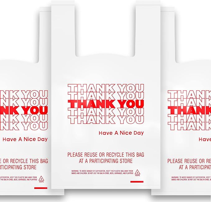 400 Pack Thank You T-Shirt Bags - Premium Quality 15 Mic (0.6 Mil) Thick Reusable Plastic Bags: 11.5" x 6.5" x 21