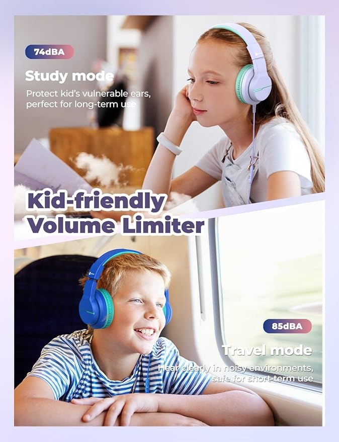 iClever Kids Headphones for School/Travel with Safe Volume 74/85dBA, HS19 Stereo Sound Over-Ear Headphones for Kids with Mic FunShare, Foldable 3.5mm Wired for iPad/Computer, 2 Pack