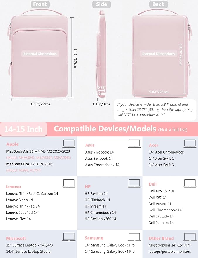 HYZUO 14-15 Inch Laptop Bag Sleeve for MacBook Air 15 M4 M3 M2, MacBook Pro 15, XPS 14/15 Plus, 15" Surface Laptop, Notebook Case for 14" Dell HP Lenovo ThinkPad Asus Acer Huawei, Pale Pink