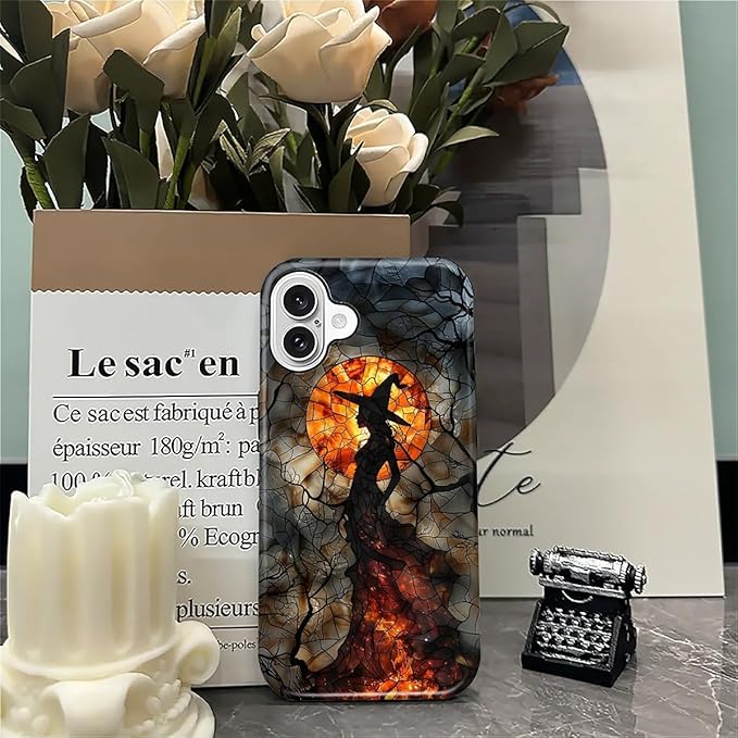 Case for iPhone 16 Plus Case,Halloween Witch Moon Stained Glass Design Hybrid Dual Protection Silicone + Hard PC Shockproof Full Body Cover Slim Anti-Scratch Protective Case for Men Women