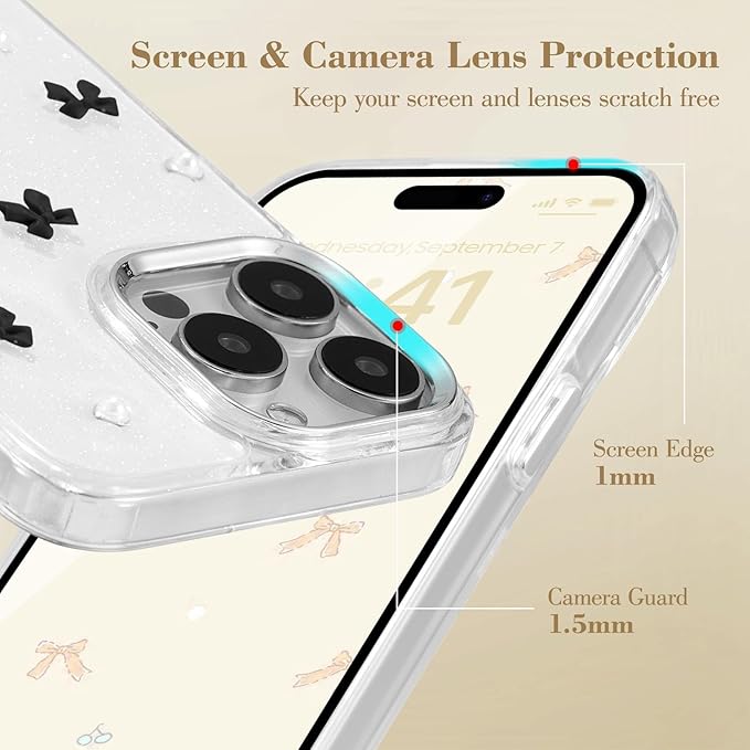 EYZUTAK Case for iPhone 14 Pro, Bling Glitter 3D Bowknot Phone Case Cute Sparkly Crystal Clear Bow Aesthetic Design Case Slim Soft Durable TPU Transparent Protective Cover for Women Girl - Black Bow