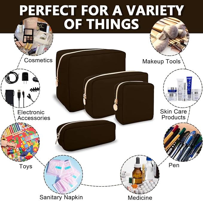 Mini Makeup Pouch for Purse, Small Cosmetic Bag Pouch Nylon Travel Toiletry Organizers Bag for Women Girls, Cute Zipper Coin Purse Preppy Storage Purse for School Work(Mini-Chocolate)