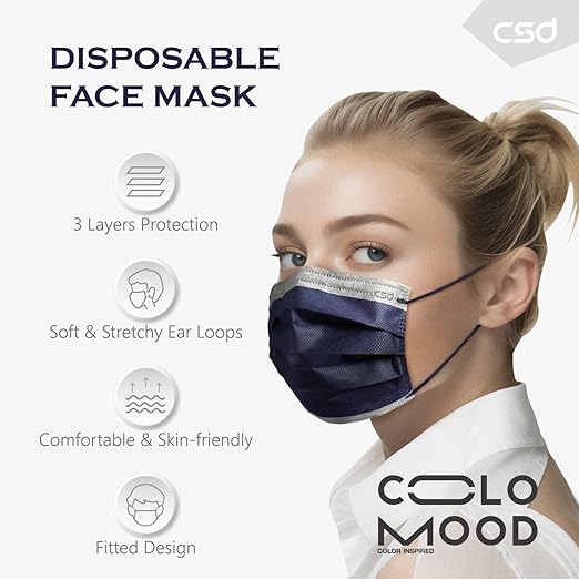 CSD Colo 50 Pcs Navy Blue Disposable Face Masks, 3 Ply Adult Mask with Elastic Ear Loop, Nose Bridge Clip, Breathable Comfortable Mask Great for Indoor, Outdoors Use (Denim Blue)