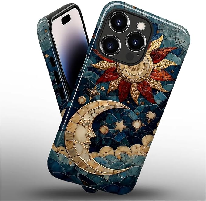 Case for iPhone 14 Pro Max Case,Sun Moon Stars Faux Stained Glass Design Hybrid Dual Protection Silicone + Hard PC Shockproof Full Body Cover,Slim Anti-Scratch Protective for Men Women