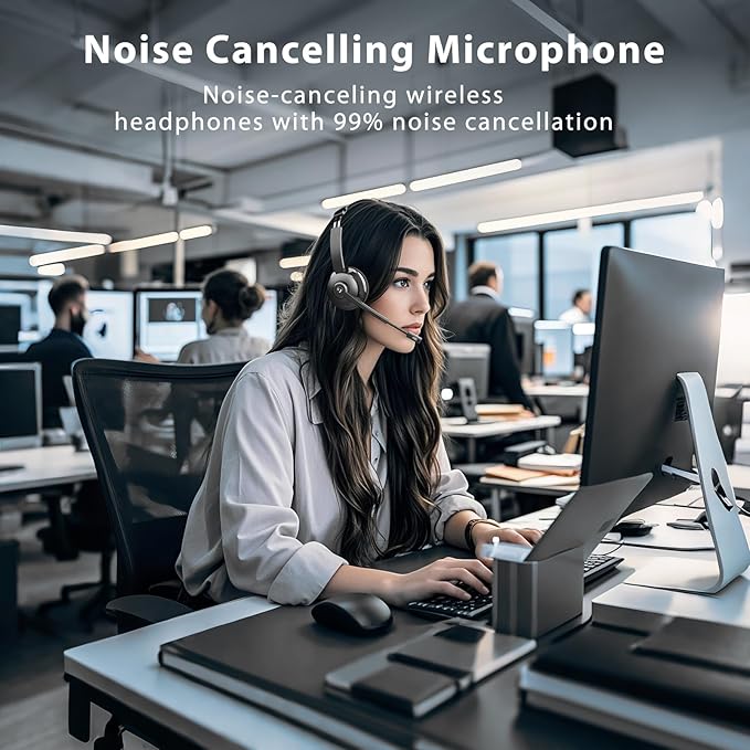 Wireless Headset，Bluetooth Headset with Microphone Noise Cancellation Wireless Headphones with USB Dongle Connection and Microphone Mute for PC/Laptop/Smartphone/Teams/Home