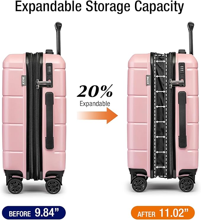 KYME Pink Hardside Expandable Carry On Luggage 22x14x9 Airline Approved 20 Inch Hardshell Carry On Suitcase with Wheels TSA Lock Small Travel Rolling Luggage with Cup Holder for Women