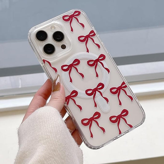 UEEBAI Magnetic for iPhone 13 Pro Max Case, Burgundy Bow Case Compatible with MagSafe, Wireless Slim Clear Ribbon Phone Cover Anti-Yellowing Shockproof Protective Cover for Women Girl - Burgundy