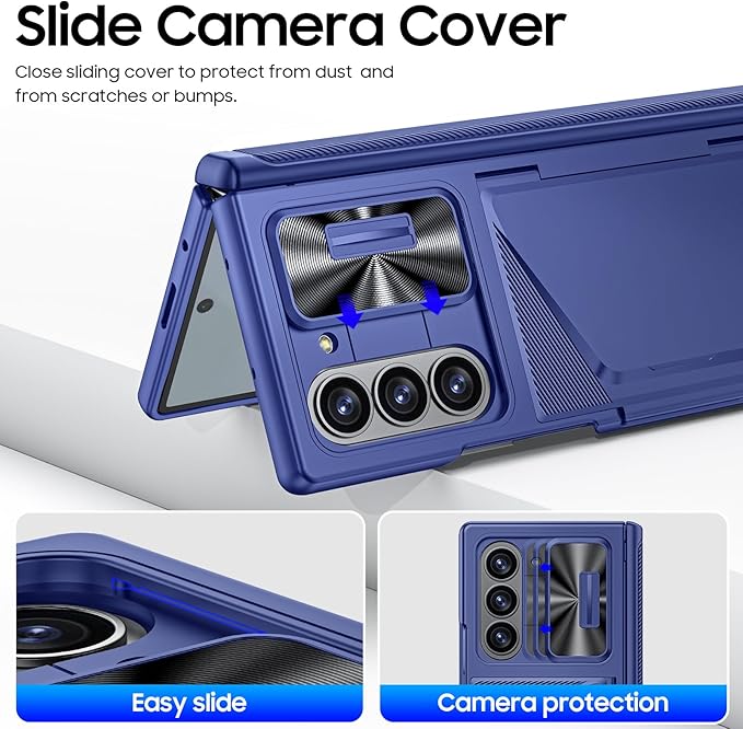 for Samsung Galaxy Z Fold 6 Case with Card Holder RFID Blocking & Slide Camera Cover& Hinge Protection& Full-Body Rugged Shockproof Wallet Case for Galaxy Z fold 6, Sapphire Blue