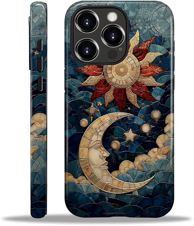 Case for iPhone 16 Pro Max Case,Sun Moon Stars Faux Stained Glass Design Hybrid Dual Protection Silicone + Hard PC Shockproof Full Body Cover,Slim Anti-Scratch Protective for Men Women