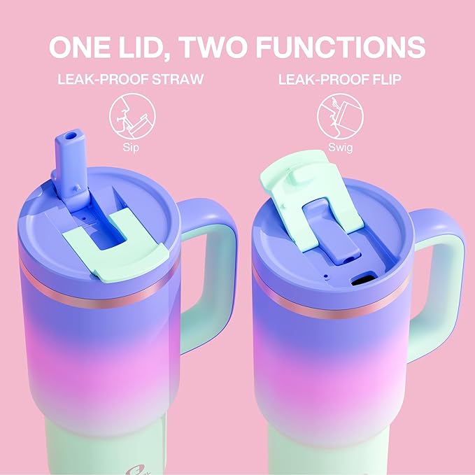 32 oz Tumbler with Handle and Straw: Stainless Steel Insulated Tumbler Keeps Cold for 24 Hours, Leakproof Travel Cup Fits in Cup Holder and BPA-Free, Frosted Lilac