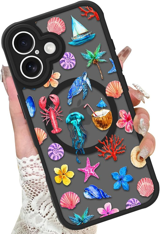 KANGHAR Case for iPhone 16 Plus [Compatible with Magsafe] Cute Flower Floral Sea Turtles Coconuts Jellyfish Collage Summer Pattern Protective Magnetic Case for Girls Women 6.7"