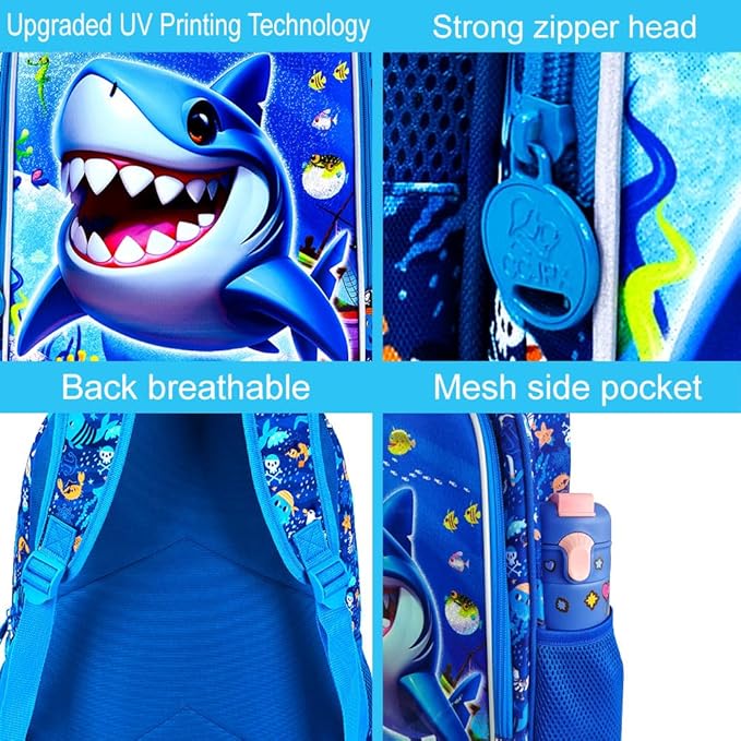 16" Shark Backpack for Boys, 3Pcs Kids Bookbag with Lunch Box, School Backpacks for Elementary Preschool Kindergarten (Blue)