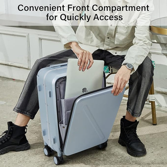 MILADA Wide Handle Carry On Luggage with Front Pocket Hardshell 20 Inch Front Opening Luggage with Spinner Wheels TSA Lock Aluminium Suitcase Airline Approved Carry-On Travel Luggage, Grey