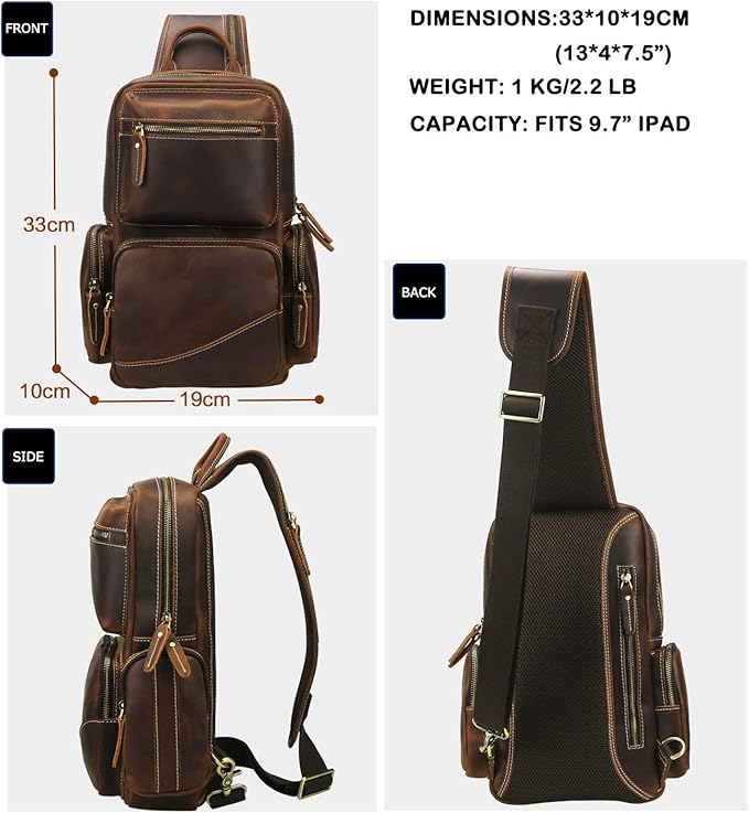 LANNSYNE Vintage Full Grain Leather Chest Sling Bag Fits 10.5 iPad Crossbody Single Strap Backpack for Men