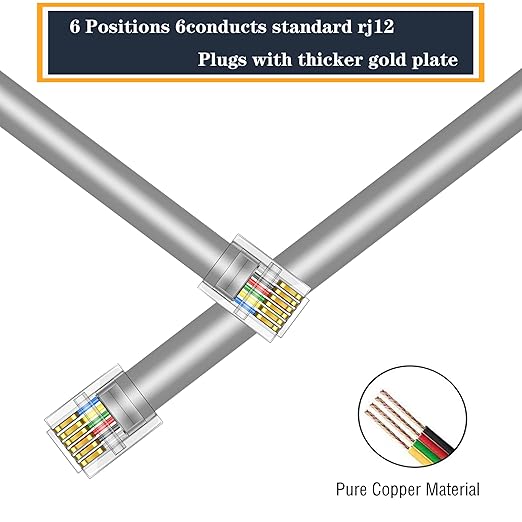 LanSenSu RJ12 Cable Phone Cord RJ12 6P6C Male to Male Straight Wired for Both Data and Voice Use - 2Pack (Silver, 6.6FT)