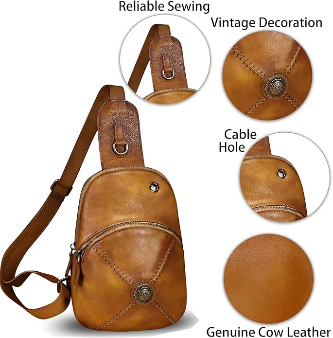 Genuine Leather Silng Bag for Women Small Vintage Leather Sling Backpack Fashion Shoulder Crossbody Bag Chest Purse