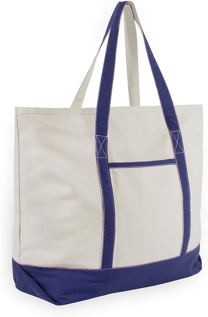 Extra Large Zippered Canvas Tote Bag - 22 Inches, Heavy Duty, Zipper Top Canvas Bag - 100% Cotton, Reusable, Washable, Sturdy, Double Stitched Picnic, Grocery Cotton Shopping Bag with Zipper (Blue)