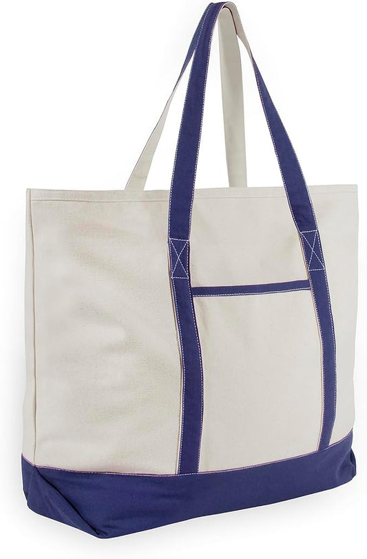 Extra Large Zippered Canvas Tote Bag - 22 Inches, Heavy Duty, Zipper Top Canvas Bag - 100% Cotton, Reusable, Washable, Sturdy, Double Stitched Picnic, Grocery Cotton Shopping Bag with Zipper (Blue)