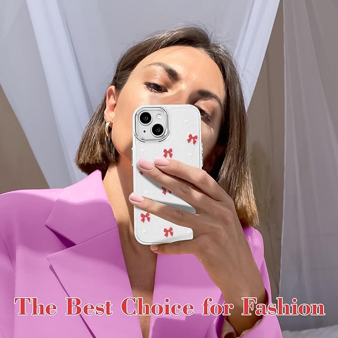 EYZUTAK Case for iPhone 15, Bling Glitter 3D Bowknot Phone Case Cute Sparkly Crystal Clear Bow Aesthetic Design Case Slim Soft Durable TPU Transparent Protective Cover for Women Girl - Red Bow