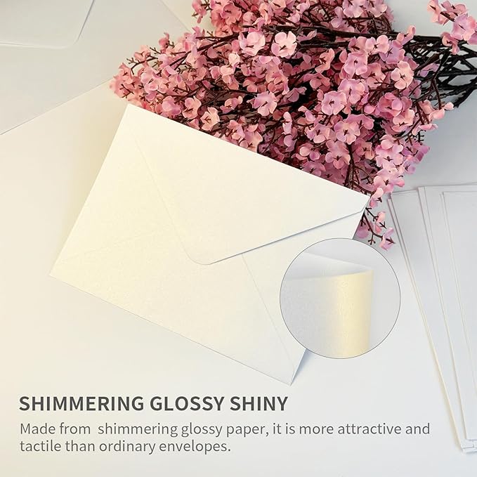 YINUOYOUJIA 50 PCS Pearl white Envelopes A7,5 x 7 white Shimmer Envelopes for Invitation,Perfect for Wedding Invitation Cards,Birthday RSVP Invite,5.25 x 7.25 inches