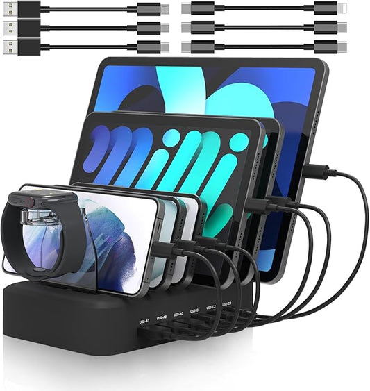 MSTJRY 90W 6-Port USB C Fast Charging Station for Multiple Devices, Multi PD Charger Station for iPhone iPad Tablet Phone, Charging Dock Organizer with Adjustable Dividers for Home Office Classroom