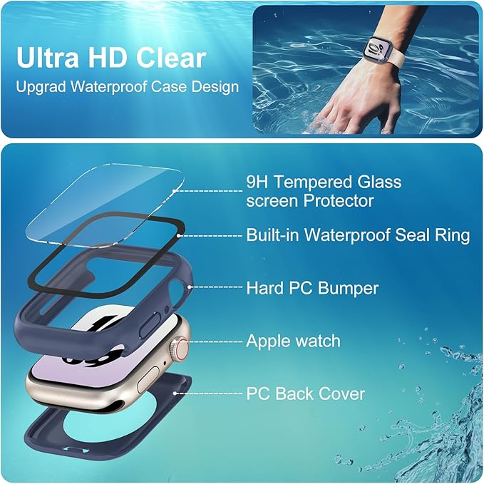 3 in 1 Waterproof Case for Apple Watch Screen Protector 45mm Series 9 8 7 Accessories Built-in Tempered Glass Film,Front and Back PC Hard Bumper 360° Protective Face Cover for iWatch 45mm