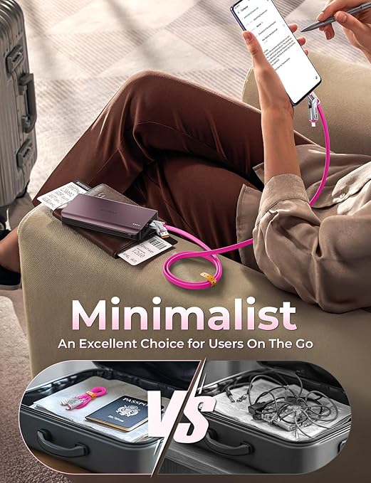 [2025 Upgrade] 4-in-1 USB C Cable 240W 5FT Compatible With Lightning Cable [Fast Charging & Data Transfer] Flat Type C/A to C/L Cord for iPhone/iPad, Multi Charger Wire Combo for All Devices (Pink)
