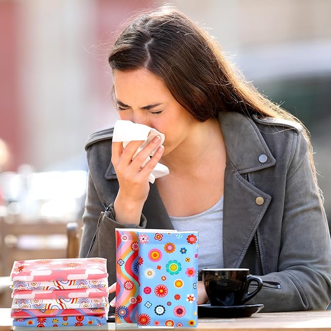 PerKoop 100 Pack Pocket Tissues Travel Slim Packs Small Facial Tissues Wallet Size Toilet Paper for Travel Guest Wedding Supplies, 4 Styles(Artsy Flowers)