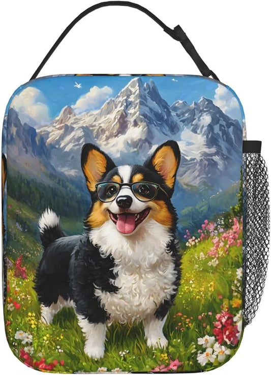 Cute Dog Lunch Box for Women Girls Kids, Insulated Cooler Puppy Lunch Bag for School, Picnic, Office, Work, Travel, Portable Reusable Thermal Tote Polyester Lunch Bags (Fun Corgi)