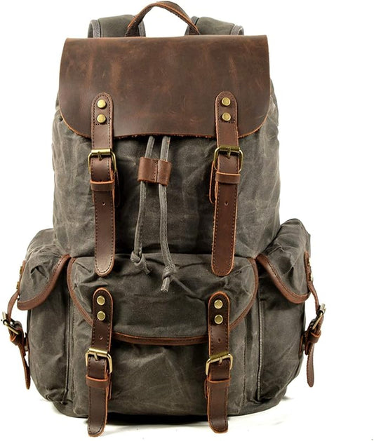 WUDON Leather Backpack for Men, Waxed Canvas Shoulder Rucksack Carry-On Travel Backpack
