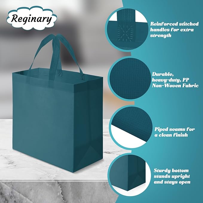 Reginary Reusable Totes Bags - 100 Pcs Non Woven Grocery Handle Bags for Shop Events & Retail Store (Dark Green)
