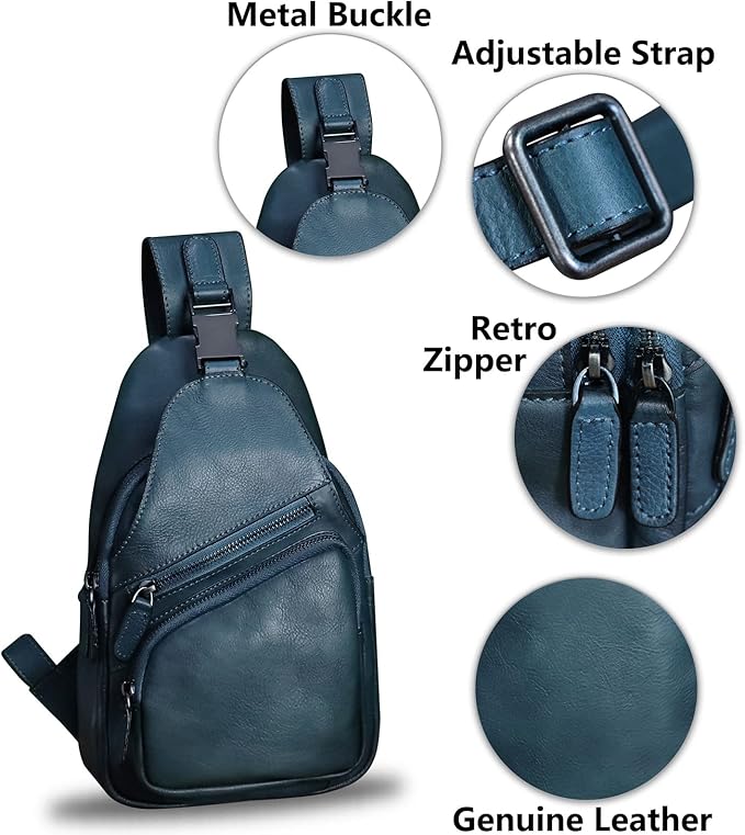 Genuine Leather Sling Bag Crossbody Purse Handmade Hiking Daypack Motorcycle Bag Retro Shoulder Backpack Vintage Chest Bag (NavyBlue)