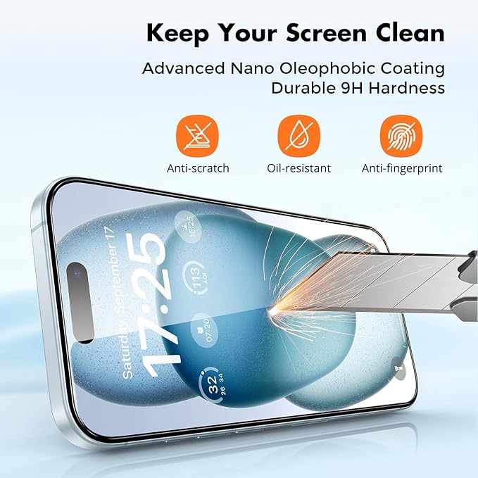 UNBREAKcable 4-Pack Screen Protector for iPhone 15, Tempered Glass | 9H Hardness | Double Shatterproof | 99.99% HD Clear | Case Friendly | Easy Installation Frame | For 6.1 inch iPhone