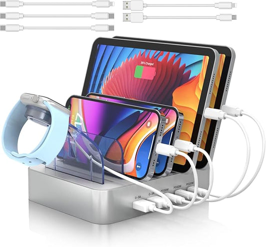 MSTJRY USB C Charging Station for Multiple Devices: 90W 5 Ports Multi Fast Charger for iPhone iPad Tablets Phone Airpods - Charging Dock Organizer with Adjustable Dividers for Home Office Classroom