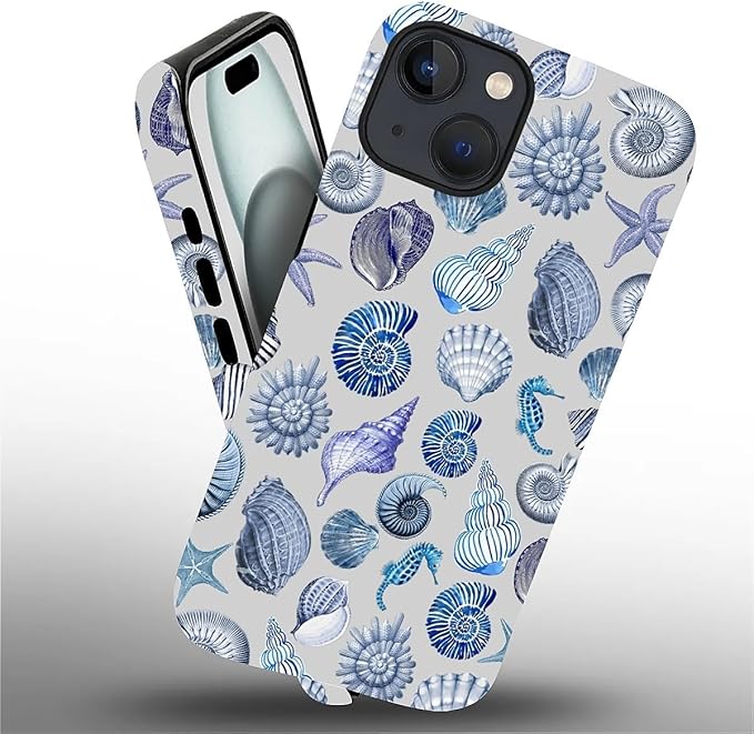 Case for iPhone 15,Summer Beachy Seashell for Woman Men Full Body Protective Cover Shockproof 2 in 1 Silicone + Hard PC Case for iPhone 15