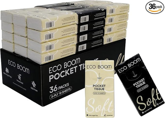 ECO BOOM Soft Pocket Tissues, Travel Size, 3-Ply, Hypoallergenic, 36 Packs, Eco-Friendly Facial Tissues for Car, Purse, and School