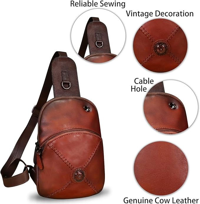 Genuine Leather Silng Bag for Women Small Vintage Leather Sling Backpack Fashion Shoulder Crossbody Bag Chest Purse