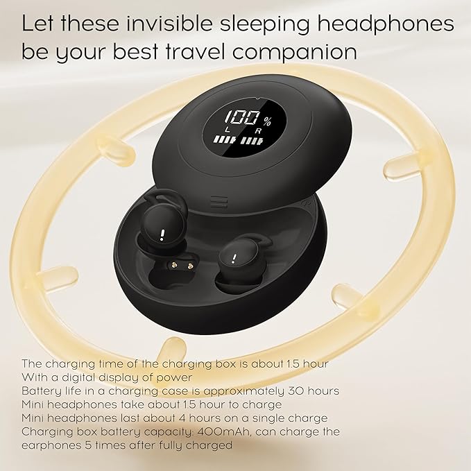 sunvito Sleep Earbuds for Side Sleepers, Mini Invisible Wireless Bluetooth 5.4 Micro Sleep Headphones, Hidden Earbuds with LED Screen for Small Ears Sleeping, Exercise, Working, Hiking (Black)
