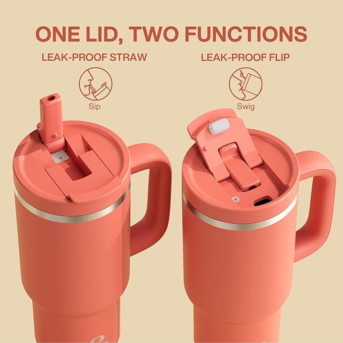 32 oz Tumbler with Handle and Straw: Stainless Steel Insulated Tumbler Keeps Cold for 24 Hours, Leakproof Travel Cup Fits in Cup Holder and BPA-Free, Tawny Orange